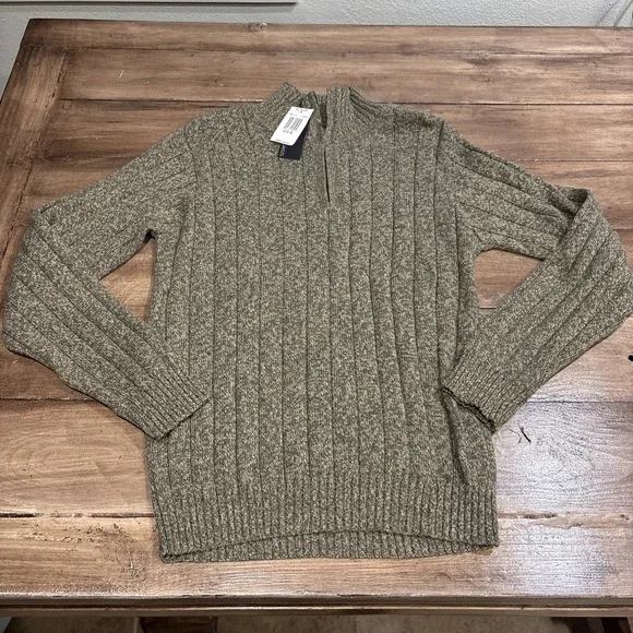 Bill Blass Ribbed Knit 1/4 Zip Green Beige Size M Men's Sweater - Picture 1 of 10